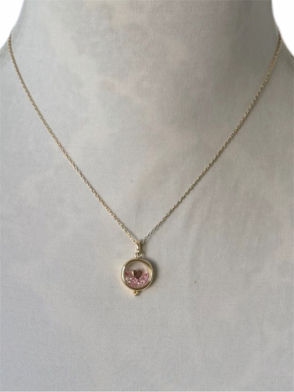 Pink Glitter Heart Pendant Necklace Gold Tone Round Charm